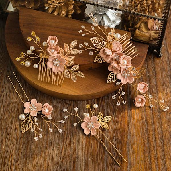 4 st bröllopshårtillbehör brud hårkam pärlhårtillbehör hårklämma blommig flickor brud hårtillbehör strass hårbit (rosa)