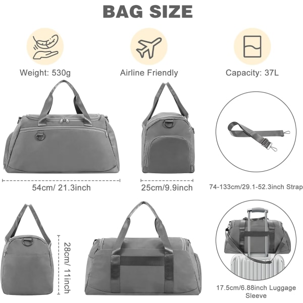 Sports Tote Gym Bag, Cloudgree Rejsetaske til Sport, Fitnesscentre og Weekendture, Vandtæt Rejsetaske med Rum til Sko og Vådt Tøj grey
