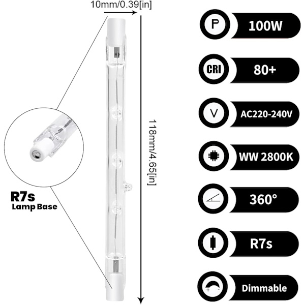 100W 118mm R7s Justerbar Halogenpære Varm Hvid 2800K (5stk)