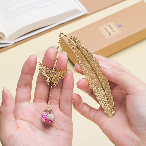 Metal Butterfly Feather Bookmark Gift-Golden.pink White Flower