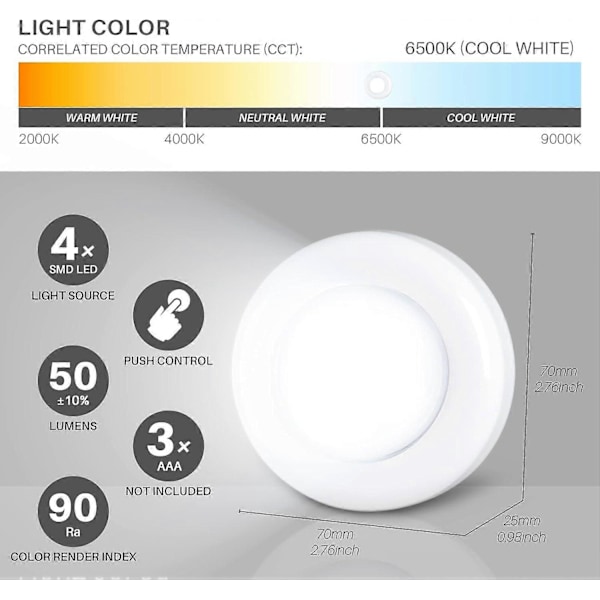 6 st Trycklampa Trycklampor Mini Touch Press Spot Lights Bärbara LED-lampor för inomhusbruk Batteridrivna Pucklampor för underskåp White