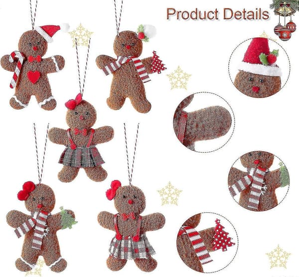 6 stk. Filt Pepperkake Ornamenter til Juletrepynt 4,7\"