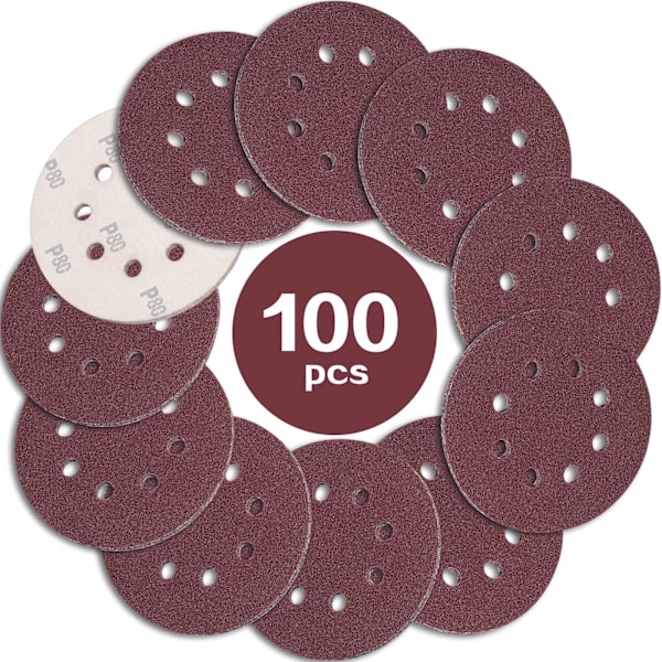 100 slibeskiver, 125 mm, korn 80, 8 huller, ideel til slibning og polering med en excentersliber.