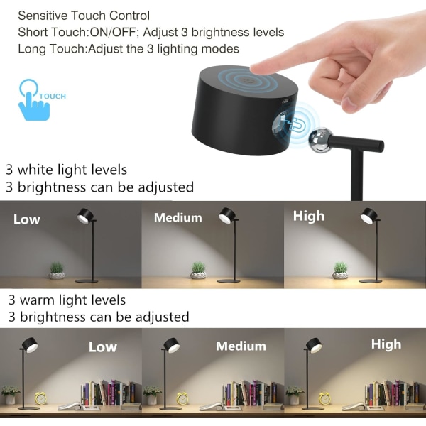 Skrivebordslampe LED Oppladbar Batteri Multifunksjonell Sengelampe Dimbar Berøringskontroll Varm/Hvit Fargetemperaturmodus 360° Roterbar Magnetisk Avtakbar black