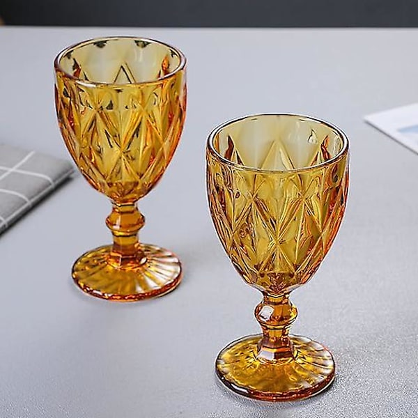 Färgade vinglas, glasbägare, vintagemönster präglade, färgade glasdricksglasset, set om 6, bärnsten