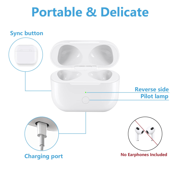 Langaton latauskotelo AirPodsien 3. sukupolvelle, latauskotelo pikalatauksella ja Bluetooth-pariliitossynkronointipainikkeella (valkoinen)