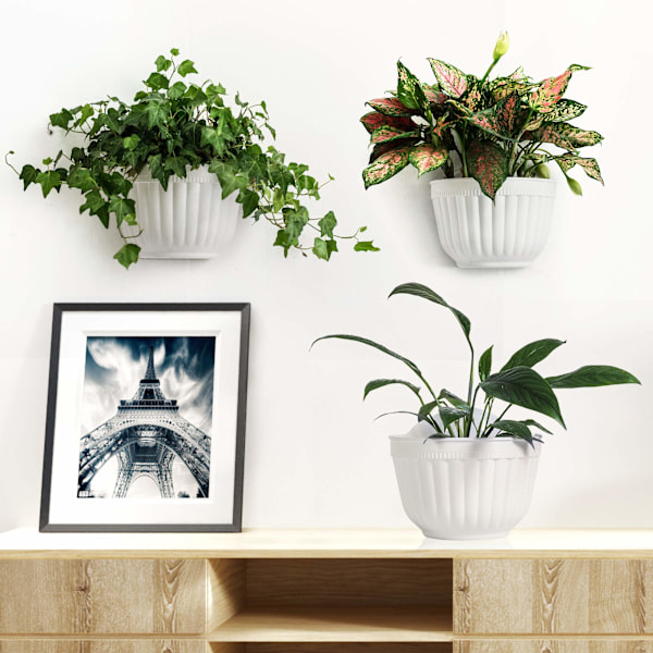 Pakke med lodrette vægophængte plantepotter i resin til have, stue, vinduesplanter, blomster, krydderurter, balkonrækværk, hylde, hegn, espalierdekoration