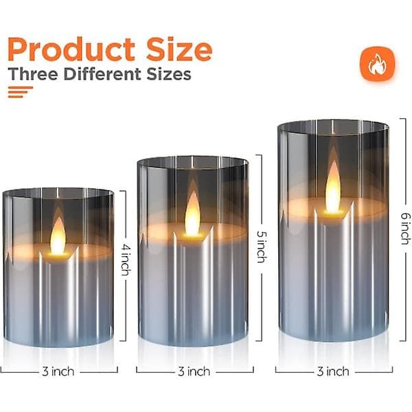 3 sølvgrå glassflammeløse flimrende lys med fjernkontroll
