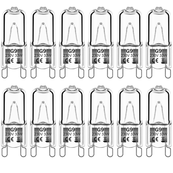 12-pakning G9 halogenpærer 33W 230V 2800K varmt hvitt 380lm, klare kapsel halogenlamper dimbare, ingen stroboskop, ingen flimmer 33W