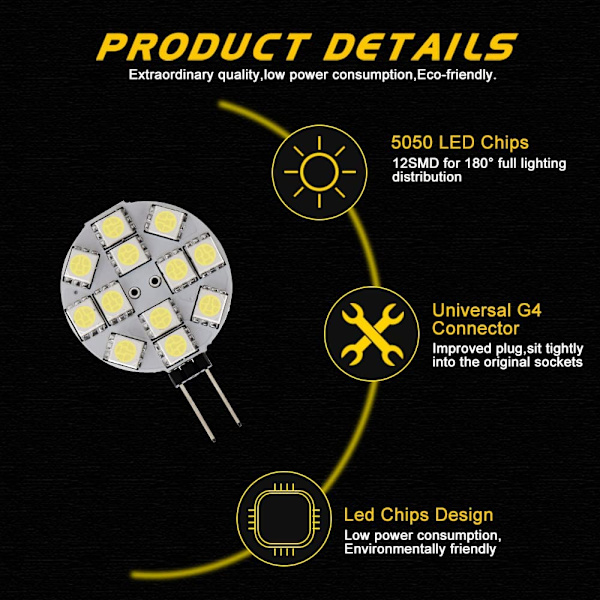 10x G4 LED-pære DC 12V Ikke-dimbar Hvit 6000K Lyspære