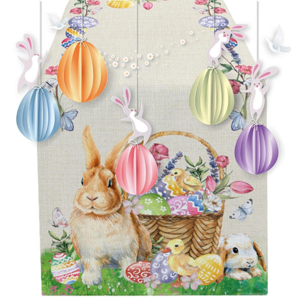 Påskägg bordslöpare - Festlig heminredning | Anti-smuts bordsduk | Kanin blommor löv påsk bordslöpare (183 X 33cm)