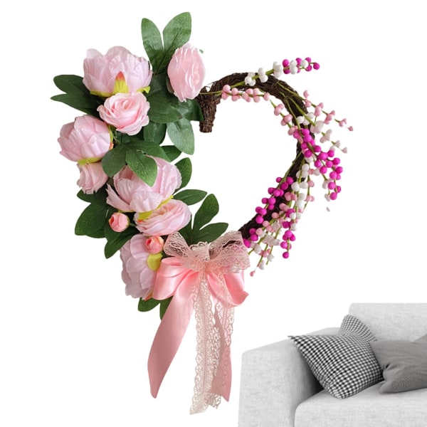 Valentine Wreath - Kunstig hjerteformet krans - Velkommen dørskilt, døroppheng dekor krans til vårens inngangsdør Valentinsdag bryllup