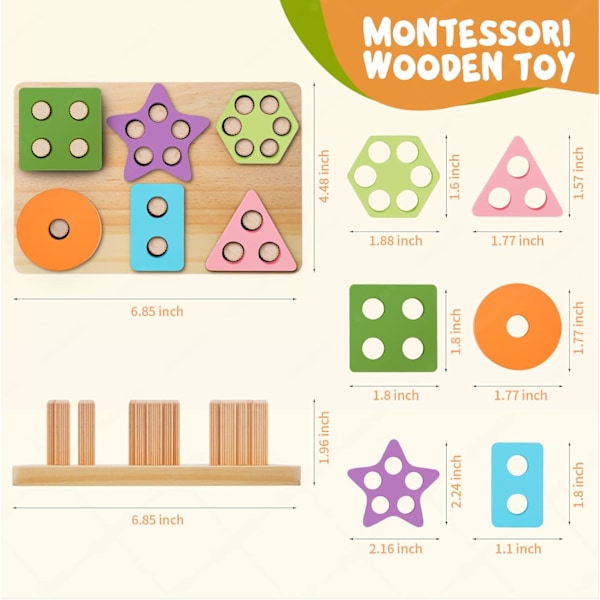 Montessori Læringslegetøj til 1 2 3 Årige Småbørn Træ Sortering og Stabling Bræt, 24 stk. Form Gradient Farve Geometriske Blokke Tykke Puslespil