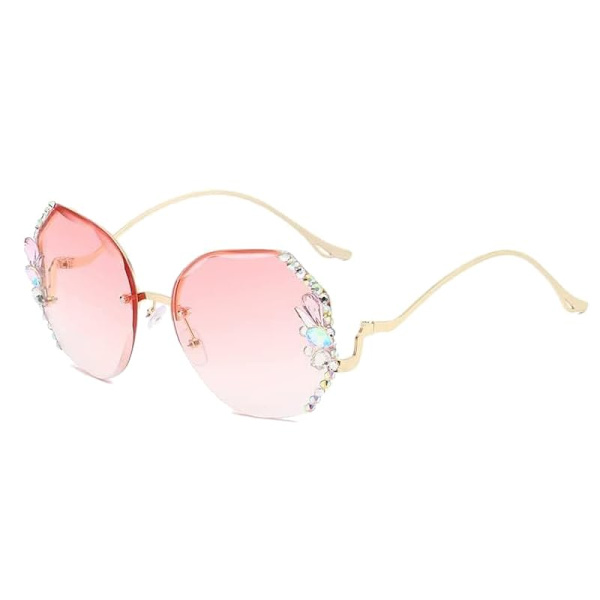 Nya Vintage Ramlösa Diamantsolglasögon, Överdimensionerade Ramlösa Gradient Diamantslipade Linser UV-skydd Solglasögon (Rosa)