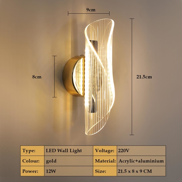 LED vegglampe innendørs vegglampe, 10W gyllen moderne vegglampe dimbar med 3 lysfarger, moderne veggbelysning laget av akryl