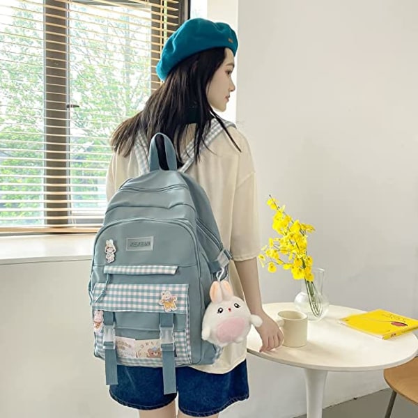 Kawaii Harajuku ryggsäck Söt rutig studentryggsäck (grön)