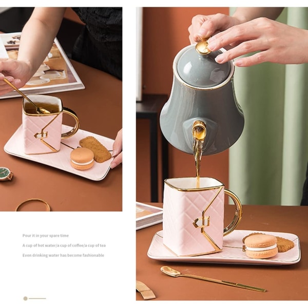 Mjölktekopp Kreativ påsformad kaffekopp Engelsk utsökt keramisk personlighetskopp Hem frukostkopp och fat Set Tekopp (Färg: A)
