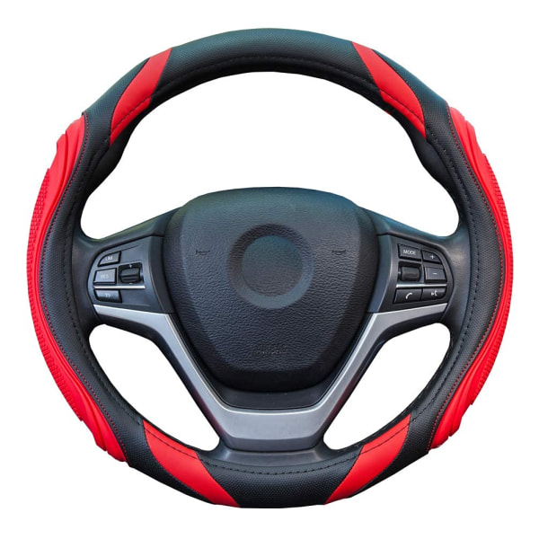 Auton ohjauspyörän cover - Nahkainen ohjauspyörän cover universal M 37-38cm /14,5-15 tuumaa, liukumaton, hengittävä, punainen black+red