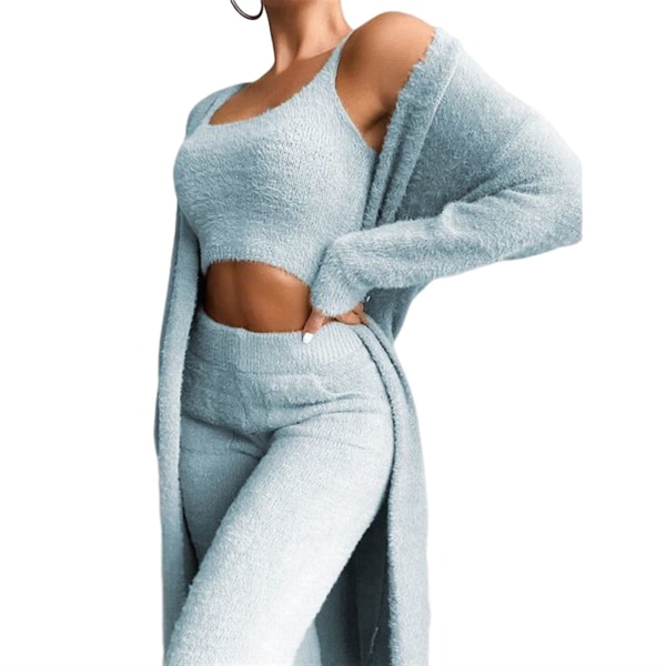 Sexy, varm fuzzy fleece-antrekk for kvinner Pyjamas, koselig strikket sett 3-delt, cardigan-topbukser(S) med åpen front, blå blue S
