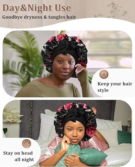 Satin Bonnet för Sömn Kvinnor Dubbellager Hårmössa med 2 st Hårsnoddar Elastiskt Band Nattmössa Black Flower + Black