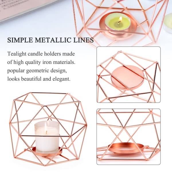2 stk  Metall Lysestaker Jern Hule Geometrisk Tealight Lysestaker for Bryllup Bursdagsfest Stue Hjemmedekorasjon (Rosegull)
