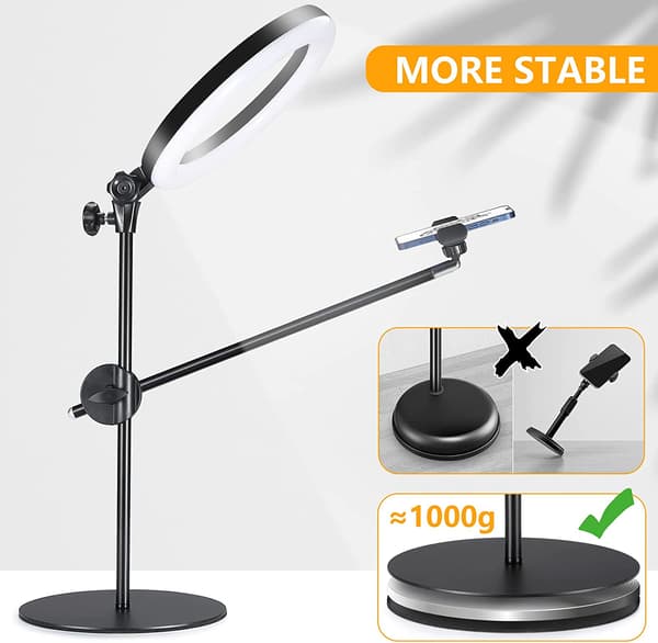 Selfie-ringlys med stativ og telefonholder, 10\" overhead LED
