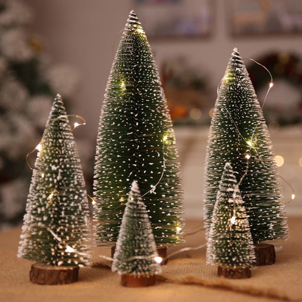 5 kunstig juletre mini juletre og lyssnor 1m, miniatyr borddekorasjon mini grønne trær ornamenter bord trær
