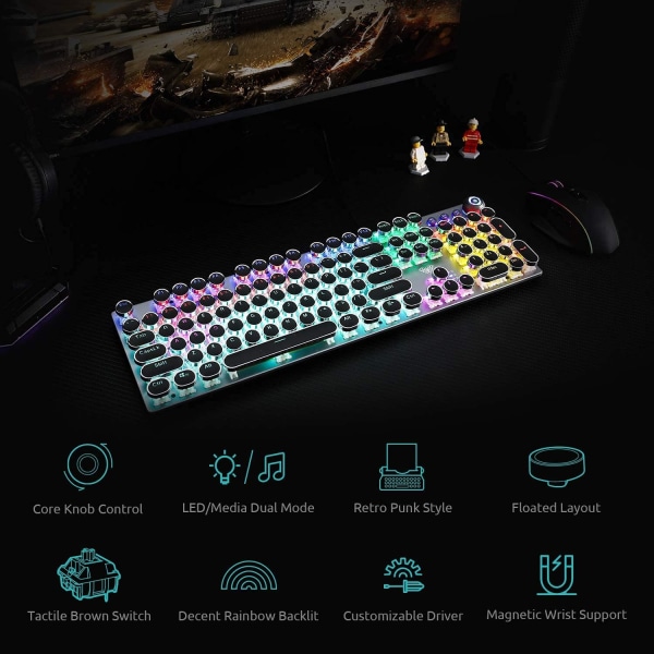 Skrivemaskinestil mekanisk gaming-tastatur blå switch, med aftageligt håndledsstøtte, mediekontrolknap, regnbuebaggrundsbelyst, retro punk-runde tastaturer BLACK