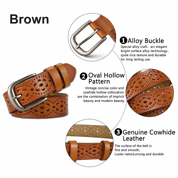Läderbälte Mode ihålig blomma design Dam bälte brown