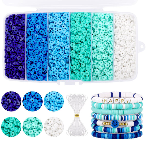 6000 st Flat Clay Beads Blue, Funtopia Clay Beads för armbandstillverkning, Heishi Beads Polymer Clay Beads kit för smyckestillverkning (6mm)