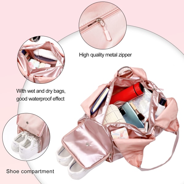 Sportstaske, Overnatnings-weekendtasker til kvinder, med skorum og våde og tørre lommer, Rejsetaske, Yogamåtte-tasker, Hospitalstaske (roseguld)