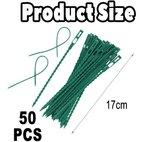 Förpackning med 50 justerbara, flexibla plastband för trädgårdsväxter. Bredd: 6 cm / Höjd: 1 cm