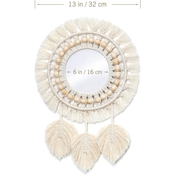 Hanging Wall Mirror with Macrame Fringe Round Decoration with Wood Beads Feather Pendant For Apartment Living Room Bedroom Baby Nursery (Leaf Fringe)