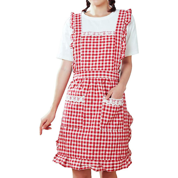 Esiliina Keittiö Leivonta Esiliinat Vintage Naisten Esiliinat Punainen Ruudukko Frilly Esiliinat Prinsessa Syntymäpäivälahja Puuvilla Pinafore Esiliinat Naisille Tytölle Taskuilla