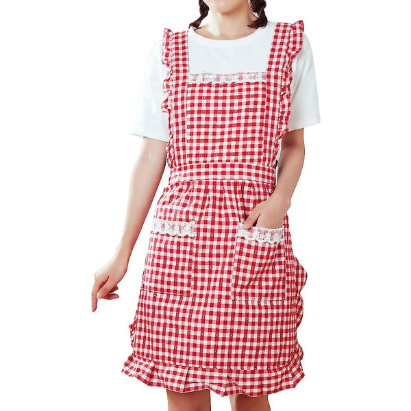 Forklæde Køkken Bageforklæder Vintage Dame Forklæder Red Grid Frilly Forklæder Prinsesse Fødselsdagsgave Bomuld Pinafore Forklæder til Kvinder Pige med lommer