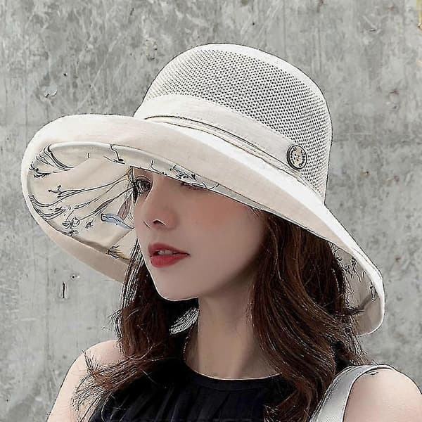 Solhatter i mesh for kvinner - UPF UV-beskyttelse - Sammenleggbar - Bred brem - Hakestropp beige