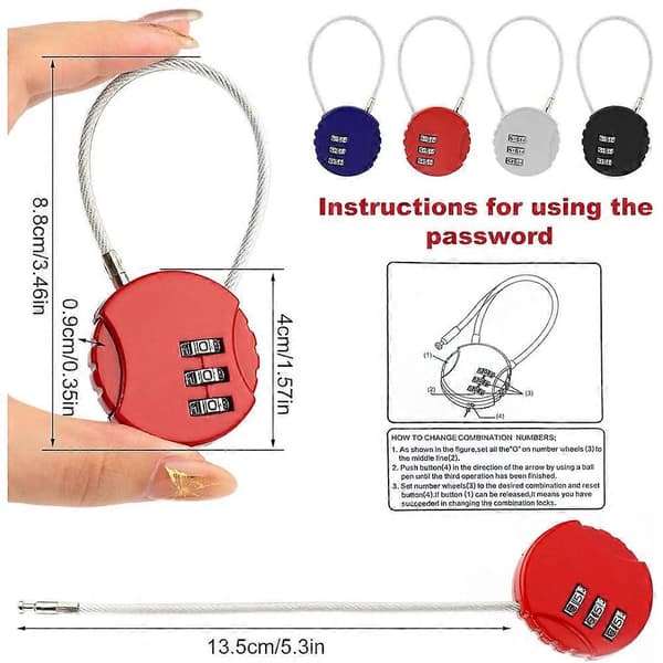 4 st kombinationslås, litet bagagelås, kombinationslås med kabel