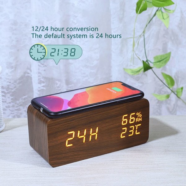 Digital väckarklocka, väckarklocka för temperatur och luftfuktighet LED Elektronisk klocka Smartphone trådlös laddare (Vit)