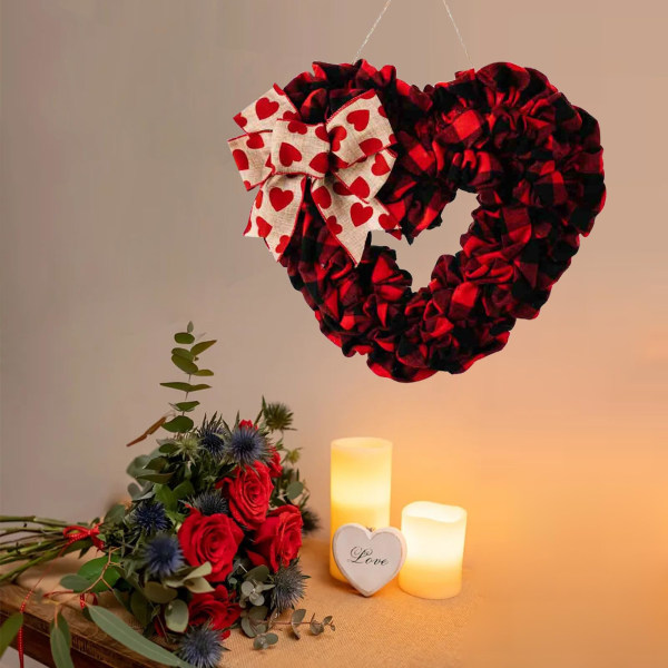 Valentinskranser til inngangsdør, 14" Valentinsdagskranshjerte med sløyfe, kunstig dekorativ hjerteformet krans