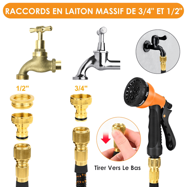 30m/98ft Udvidelig haveslange, fleksibel, med 8-funktions sprøjtepistol og 1/2\" og 3/4\" adaptere til vanding, orange