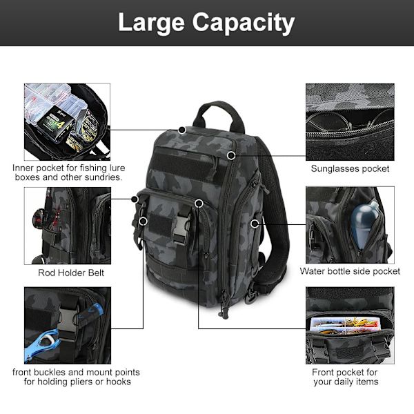Fiskeutstyr Ryggsekk Oppbevaringspose, Fiske Ryggsekk med Stangfeste, Lett Sling Fiske Ryggsekk, Robust Fiskeutstyr Bag