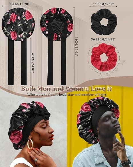 Satin Bonnet för Sömn Kvinnor Dubbellager Hårmössa med 2 st Hårsnoddar Elastiskt Band Nattmössa Black Flower + Black