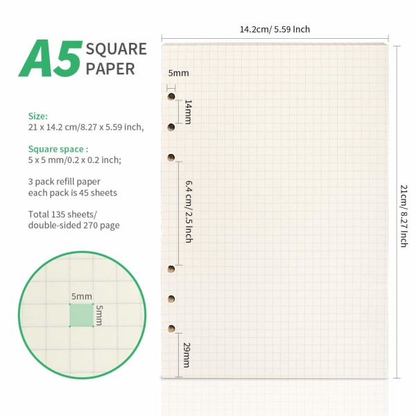 A5 3-pack 5 mm rutigt rutat papper, 6-håls övningspapper