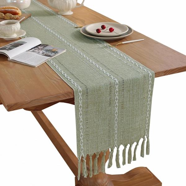 Sage Green Bordslöpare Väva Ränder Makramé Bordslöpare med Tofs Lämplig för Födelsedagsfest Bröllopsbordsdekoration, 13 * 94 tum/33 * 240 cm