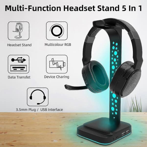 RGB Gaming Headsethyll, Headsetställ med 3,5 mm AUX och 2 USB-laddningsportar, skrivbordsställ för spelheadset med