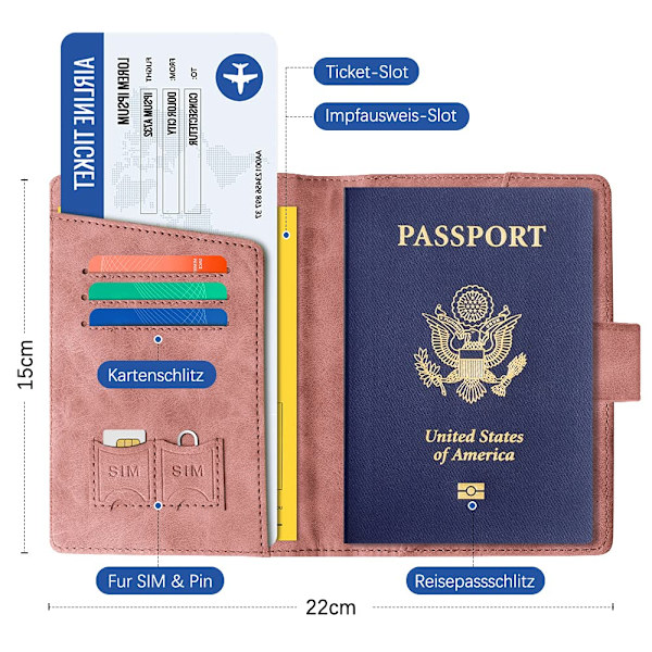 Passfodral, vaccinationsintygsfodral läder, konstläder passfodral med RFID-blockerare, skyddande fodral certifikat(rosa) pink