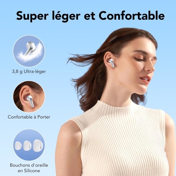 Trådløse ørepropper, 50 timer spilletid Bluetooth-hodetelefoner, Bluetooth-hodetelefoner 5.3, i øret med 4 ENC-anrop støydempende mikrofoner, Bass Boost 85% WHITE