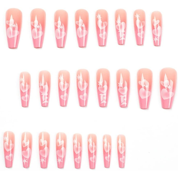 Gradient Tryk på Negle, 24PCS Blanke Lange Pink Falske Negle Hjerte Falske Negle Fuld Dækning Design Negle Tips til Kvinder Daglig Dekoration pink