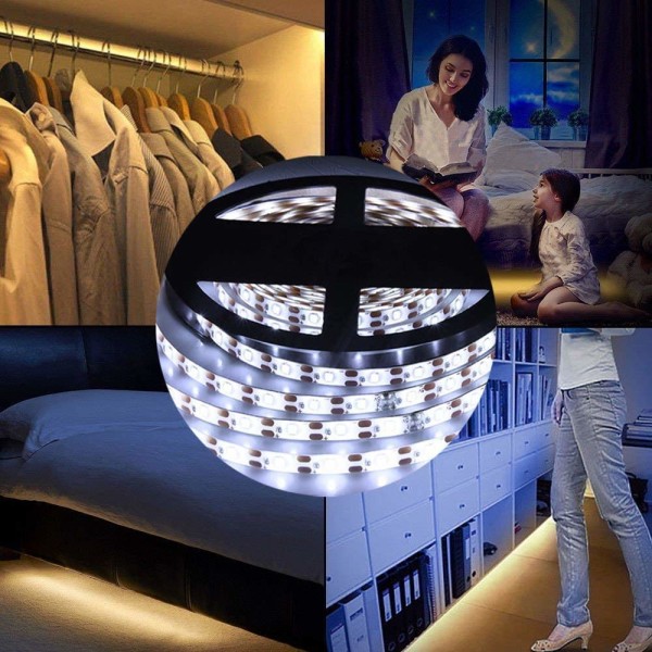 Sensor Garderobe Lys, 1M LED Stripe Lys Nattelys, 6000K Kald Hvit, Automatisk På/Av, Batteridrevet