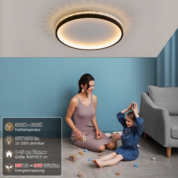 LED ceiling lamp dimmable with remote control, 30W 30cm round black hollow design “bird's nest” ceiling light bedroom